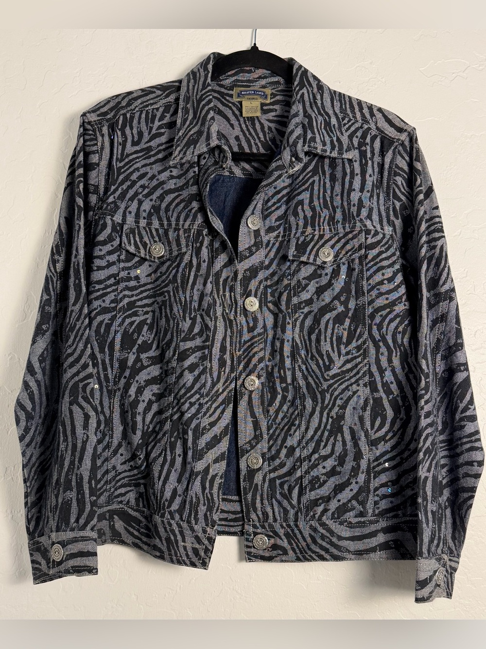 Shaver Lake Womens Large Denim Jacket Vintage 90's Black/Gray Zebra Print Sequin